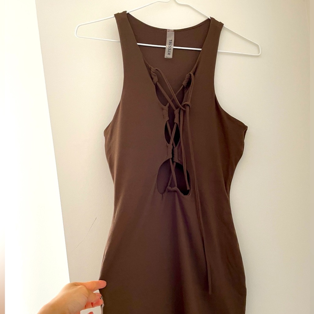 Tresser Mini Dress, lace up front bodycon, in chocolate. Size Small.